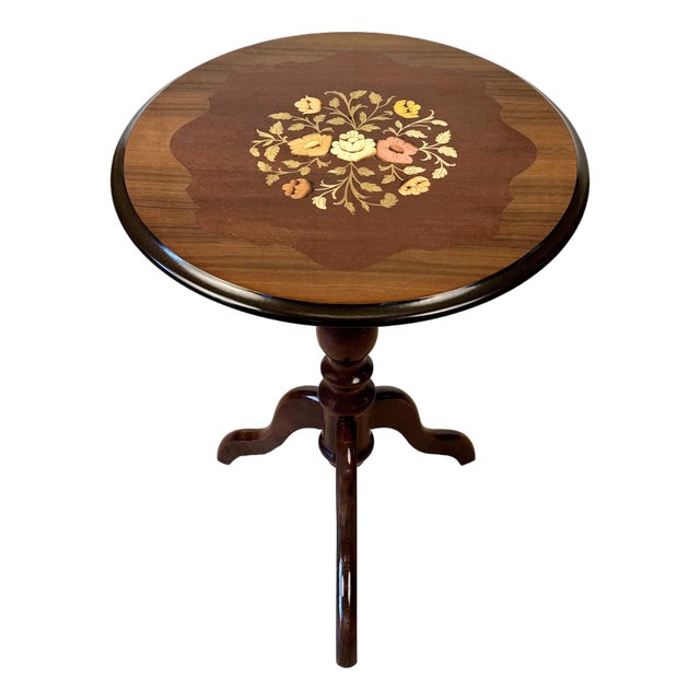 Vintage Italian Rococo Floral Marquetry Fruitwood Round Side Table For Sale