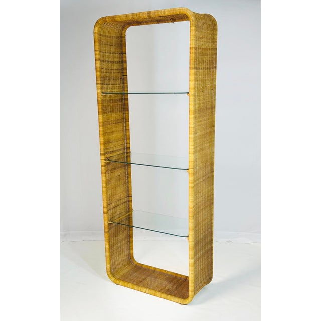 1960s Wicker and Glass Etagere Bookcase Display Shelf Attributed to Founders, Mid Century Modern For Sale - Image 5 of 15