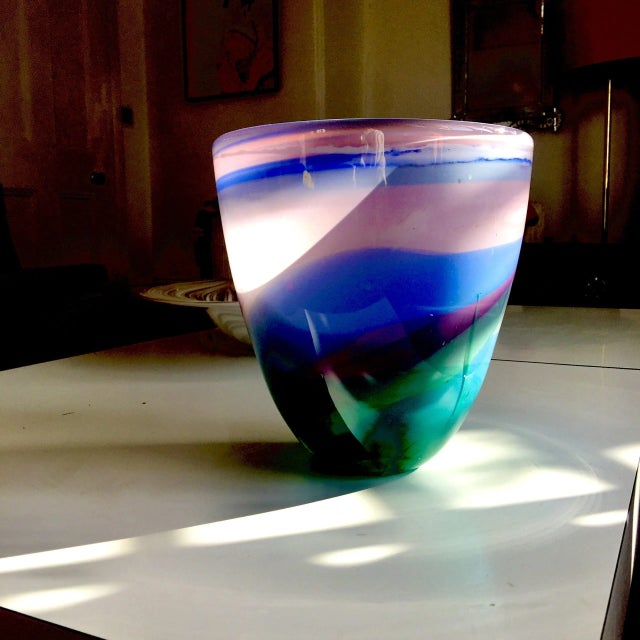 Blue Hand Blown Glass Studio Vase by Ed Burke For Sale - Image 8 of 8
