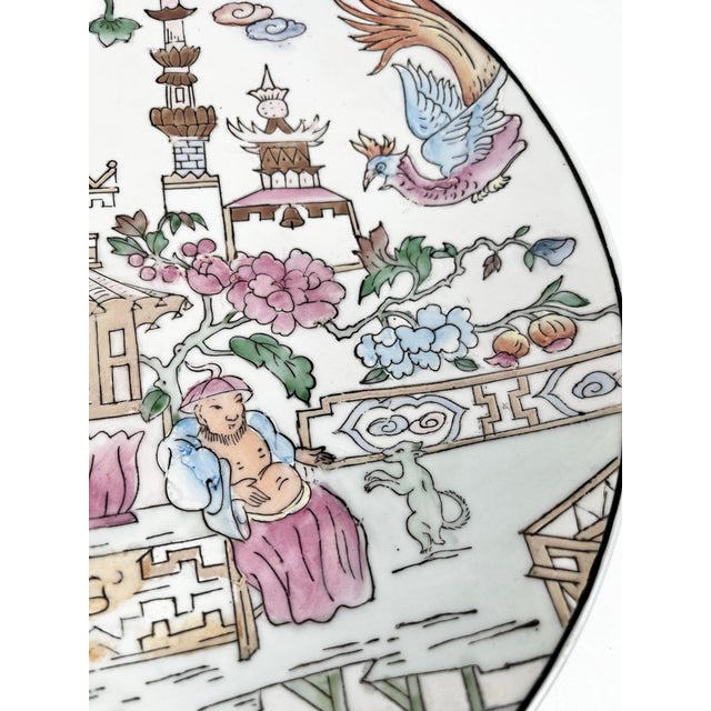 Ceramic Vintage Pastel Chinoiserie Large Decorative Plate For Sale - Image 7 of 10