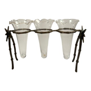 Vintage Glass Bud Vase Trio With Brass Bamboo Stand, French Style Test Tube Vases, Sculptural Floral Holder, Petite Flower Arrangement For Sale