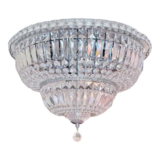 French Empire Style Faceted Crystal Flush Mount Ceiling Light Fixture For Sale