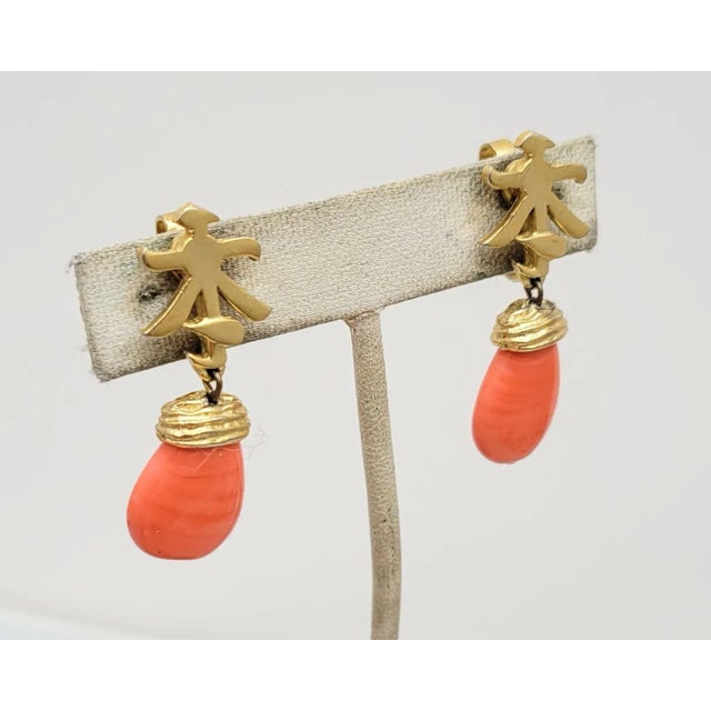 Vintage 1960s Signed Trifari Asian Style Faux-Coral Drop Clip Earrings- 2 Pieces For Sale In Philadelphia - Image 6 of 9