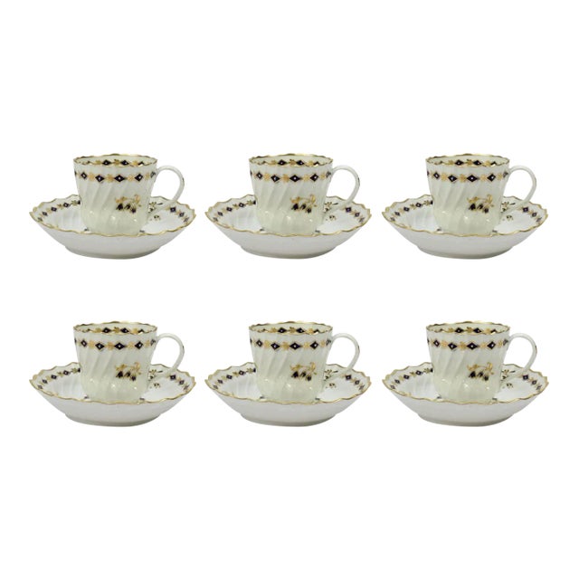18th Century Flight Worcester Porcelain Tea Cups and Saucers - Set of 6 For Sale