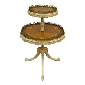 Vintage French Louis XV Style Satinwood Inlay Round 2 Tier Occasional Dessert Table