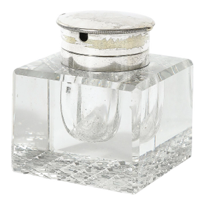 Art Deco Cut Crystal & Silver Plate Inkwell Signed Cross