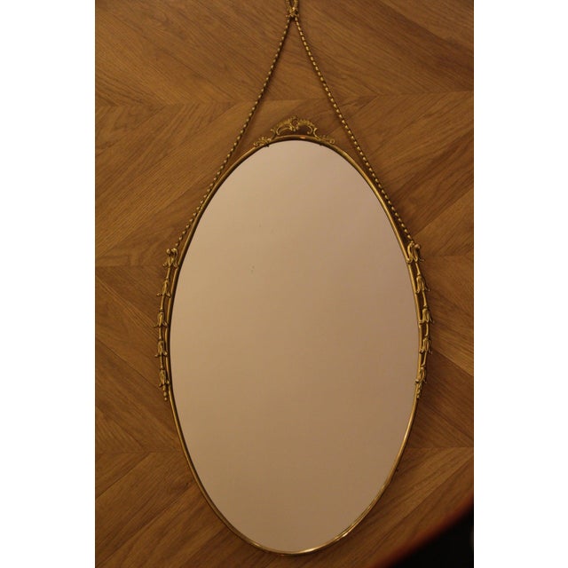 1950s Oval Brass Wall Mirror with Neoclassical Decoration and Brass Chain, 1950s For Sale - Image 5 of 17