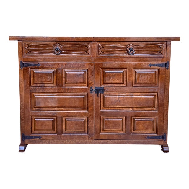 19th Spanish Baroque Carved Walnut Tuscan Three Drawers Credenza or Buffet For Sale