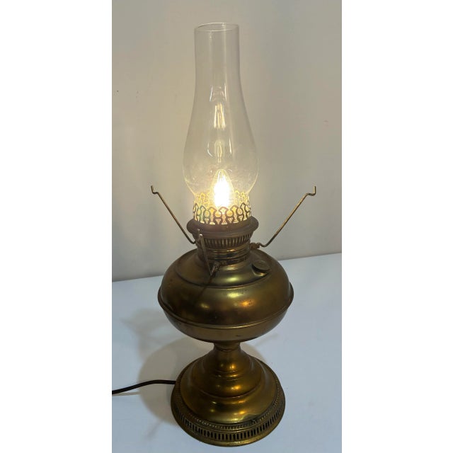 Metal Antique Brass Oil Lamp Rayo Electrified Emerald Green Glass Shade For Sale - Image 7 of 11