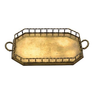 Large Vintage Octagon Brass Bamboo Tray With Handles For Sale