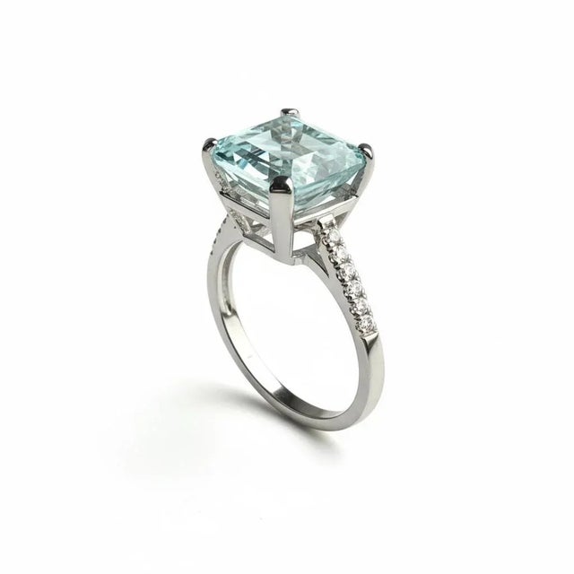 14k White Gold 12.07 Carat Natural Aquamarine and Diamond Solitaire Ring, Size 9 For Sale - Image 4 of 15