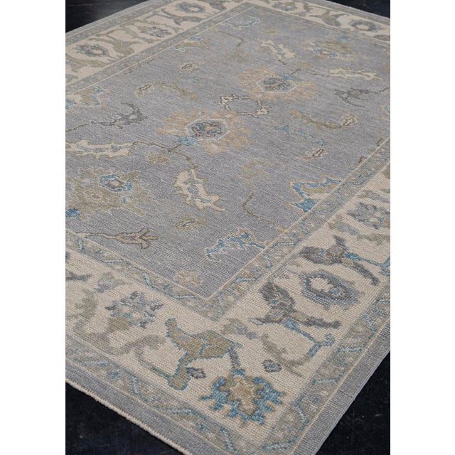 Turkish Oushak Rug Soft Blue & Beige Floral Handwoven Wool Rug 6'4" X 9'1" For Sale - Image 9 of 10