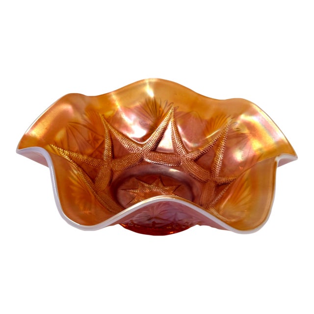 Vintage Dugan Ski Star Peach Opalescent Carnival Glass Ruffled Bowl For Sale