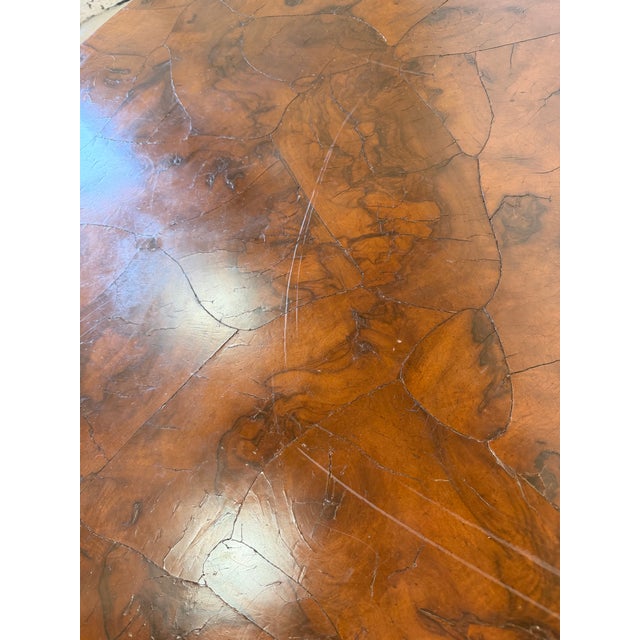 Vintage English Style Round Dining Table With Patchwork Burl Walnut Veneer Top & Carved Pedestal Base For Sale - Image 12 of 12