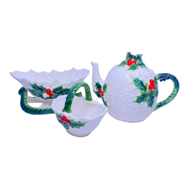 Vintage Lefton Holly Berry Christmas Teapot, Sleigh-Shaped Candy Bowl and Small Basket Bowl With a Handle, Set of 3 For Sale