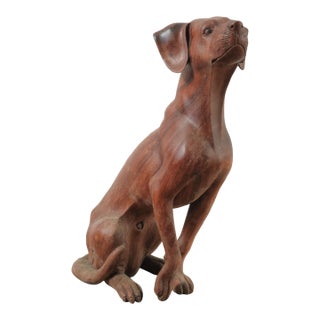 Hand-Carved Wooden Hound Dog Sculpture in Rich Warm Brown Finish For Sale