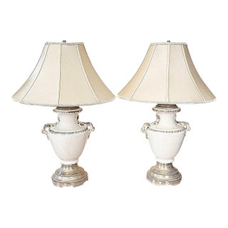 Vintage Pair of Neoclassical Trophy Urn Table Lamps in White Crackle Glaze – Made in Usa For Sale