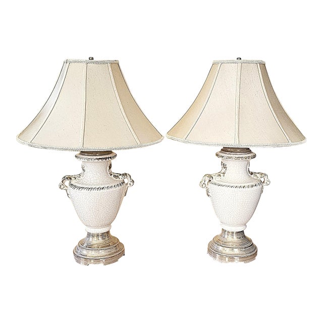Vintage Pair of Neoclassical Trophy Urn Table Lamps in White Crackle Glaze – Made in Usa For Sale