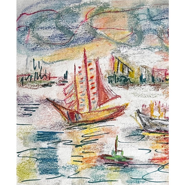 A colorful pastel on paper depicting sailboats and a harbor scene, rendered in expressive, swirling strokes of pink, aqua,...