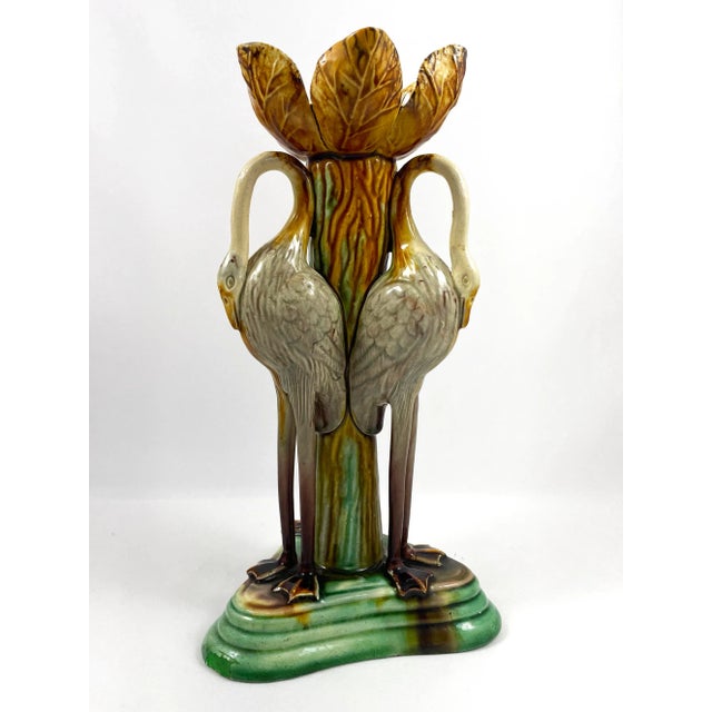 Victorian Antique Late 19th Century Portuguese Manuel Mafra Majolica Candlestick, Storks With Ochre Leaves & Green Base For Sale - Image 3 of 9