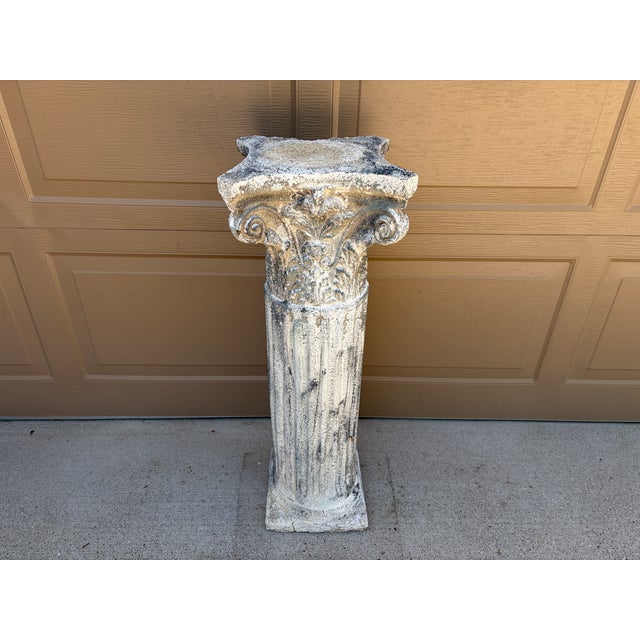 French Country Weathered Neoclassical Cast-Concrete Corinthian Garden Pedestal For Sale - Image 3 of 16