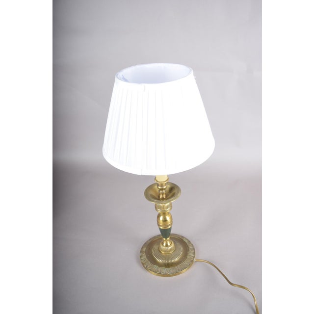 1950s Vintage Brass Candlestick Table Lamp with Green Accent, 1950s For Sale - Image 5 of 14