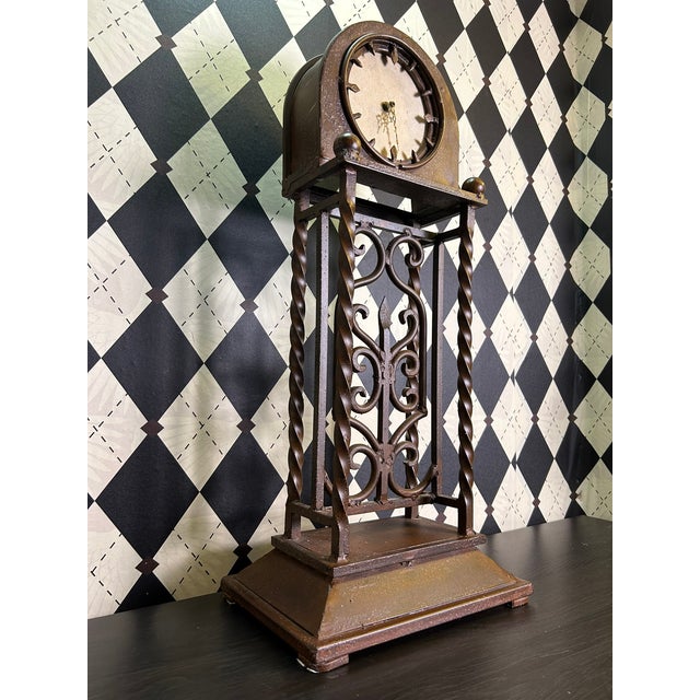 Brown 1970s Grand Old World Ironwork Table Clock With Architectural Scrollwork, 25" For Sale - Image 8 of 18