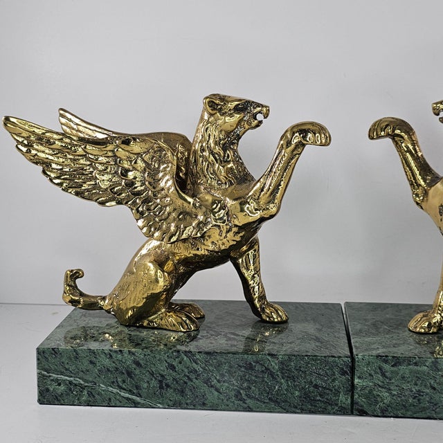 Pair of Vintage Brass Griffin Bookends With Green Marble Bases For Sale In Tulsa - Image 6 of 10