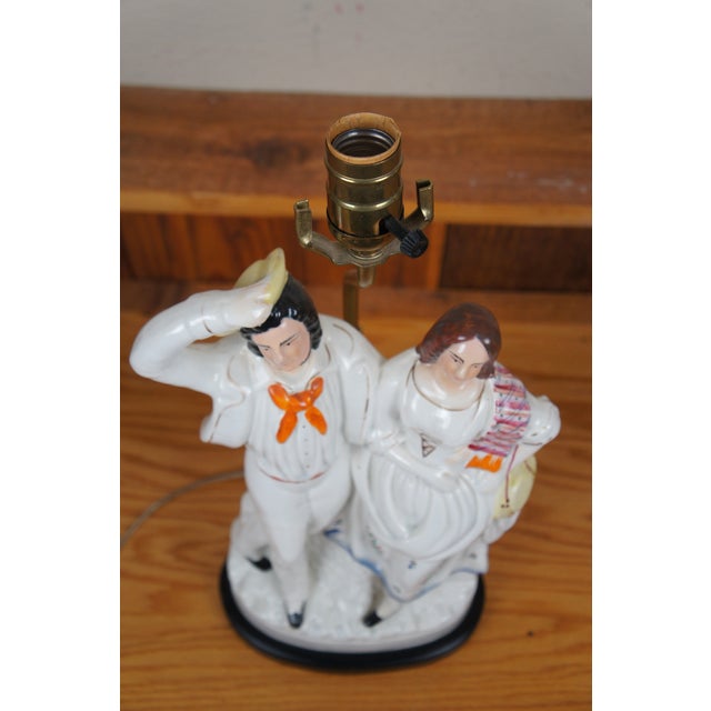 Ceramic Antique Staffordshire Porcelain Courting Couple Sailors Return Table Lamp For Sale - Image 7 of 12