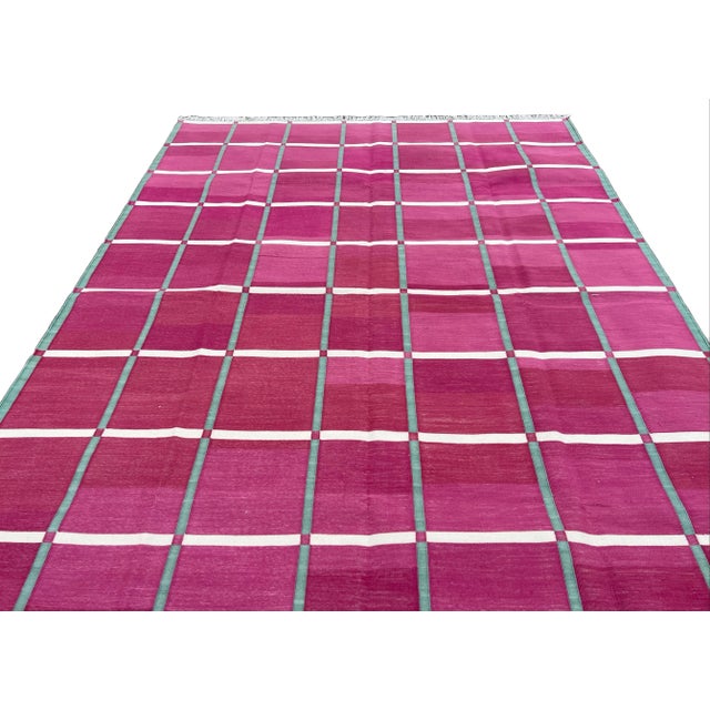 Raspberry Pink Handmade Cotton Natural Vegetable Dyed Raspberry Pink Cream & Green Windowpane Checked Rug - 8'x10' For Sale - Image 8 of 10