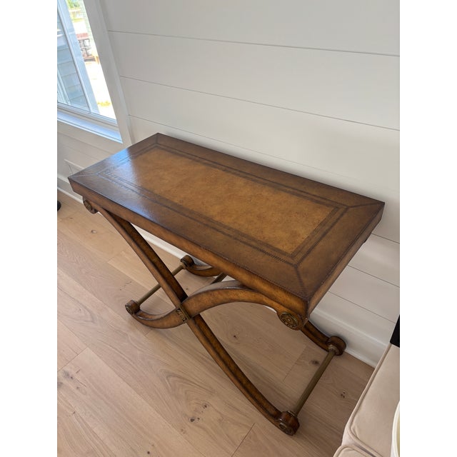 Kreiss Kreiss Neoclassical Leather-Top Console Table With X-Base & Brass Stretchers For Sale - Image 4 of 7