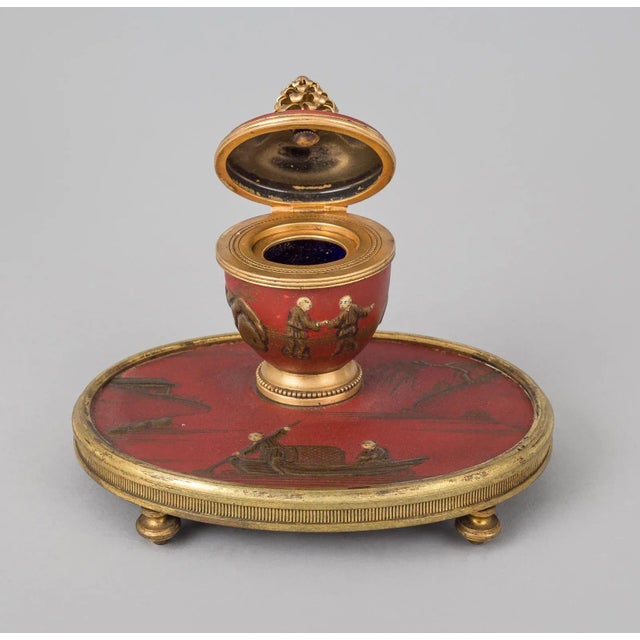 Mid 19th Century Antique Red Lacquered Chinoiserie and Bronze Inkstand For Sale - Image 5 of 9