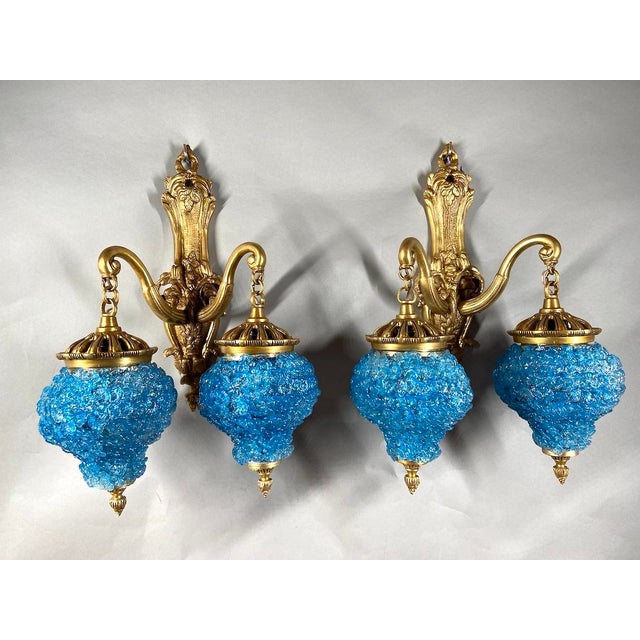 1980 French Louis XVI Bronze Blue Crystal Wall Lamps Sconces - Pair of 2 Pc For Sale - Image 11 of 11