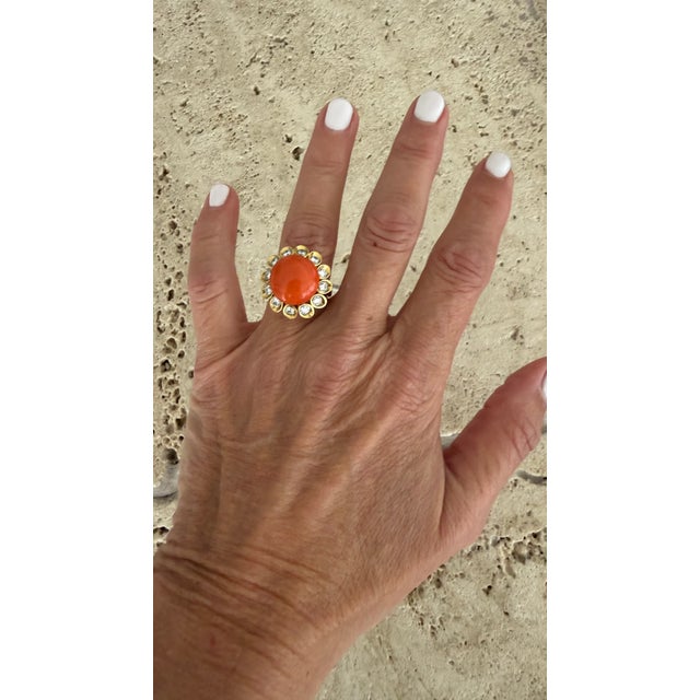 1970s Alletto Brothers Coral & Diamond 18k Gold and Platinum Ring, Size 4 For Sale - Image 12 of 13