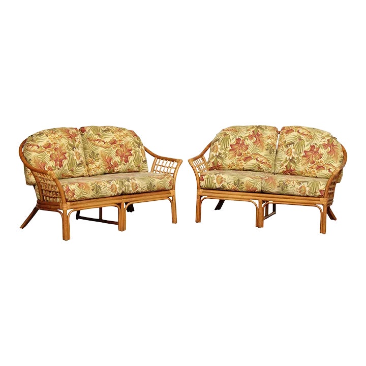 Mid Century Bentwood Rattan Loveseats with Custom Cushions A Pair