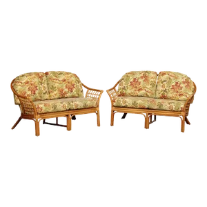 Mid Century Bentwood Rattan Loveseats with Custom Cushions - A Pair