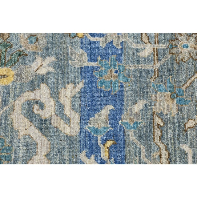 Textile Modern Tabriz Style Medallion Wool Area Rug – Vibrant Blue, Sage Green & Yellow For Sale - Image 7 of 12