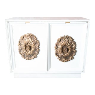 1960s Two Door White Credenza with Large Gold Medallion Knobs For Sale