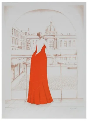 Branko Bahunek In the Cafe (Red) Lithograph