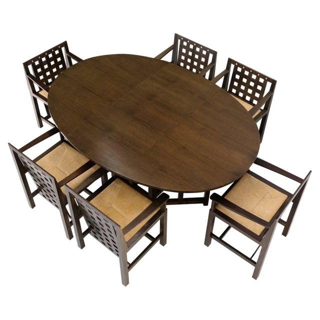 Brown Oak Cassina Macintosh Drop Leaf Dining Table 6 Rush Seat Chairs Set - 7 Pieces For Sale - Image 13 of 13