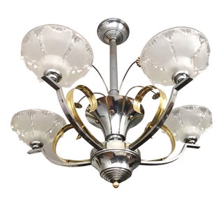 French Art Deco Chandelier in Chrome, Brass and Frosted Glass, 1930s For Sale