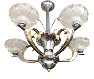 French Art Deco Chandelier in Chrome, Brass and Frosted Glass, 1930s
