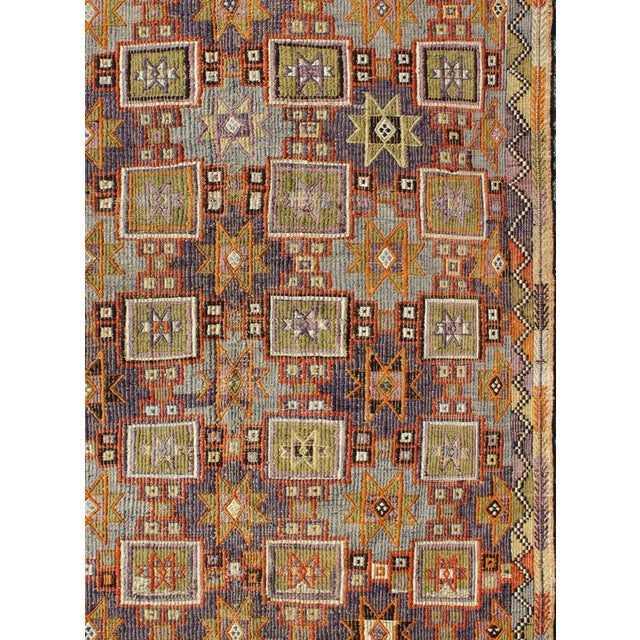 Mid 20th Century Grayish Blue Background Geometric Turkish Vintage Kilim Mid-Century Rug For Sale - Image 4 of 9