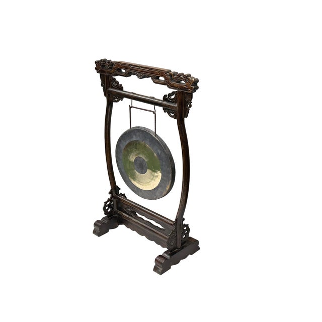 Chinese Chinese Distressed Brown Dragon Head Wood Figure Gong Display Rack For Sale - Image 3 of 10