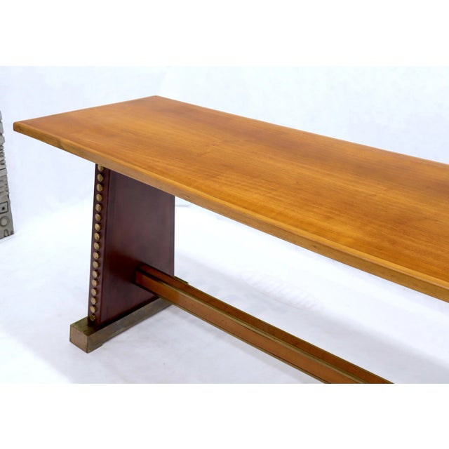 Narrow Long Boat Shape Walnut Dining Harvest Table Studs Leather Brass Decorated For Sale - Image 9 of 12