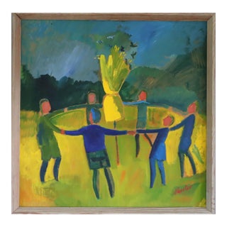 Mid-Century Modern 'Circle of Light' Vintage Original Figurative Landscape Oil Painting, Framed For Sale