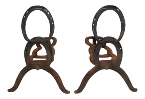 Andirons Antique Folk Art Style Horseshoe Construction - A Pair