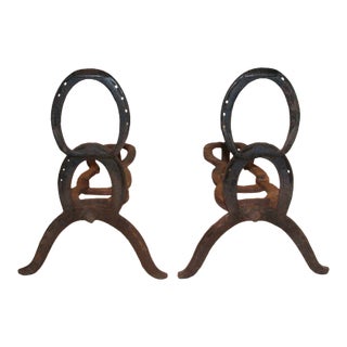 Antique Folk Art Style Andirons Horseshoe Construction - A Pair For Sale