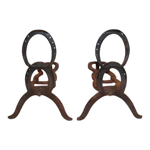 Antique Folk Art Style Andirons Horseshoe Construction - A Pair For Sale