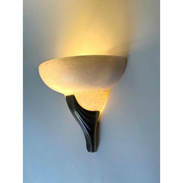 Art Deco Style Hand-Carved Alabaster and Brass Wall Sconces, 1980, Set of 2 For Sale - Image 10 of 15